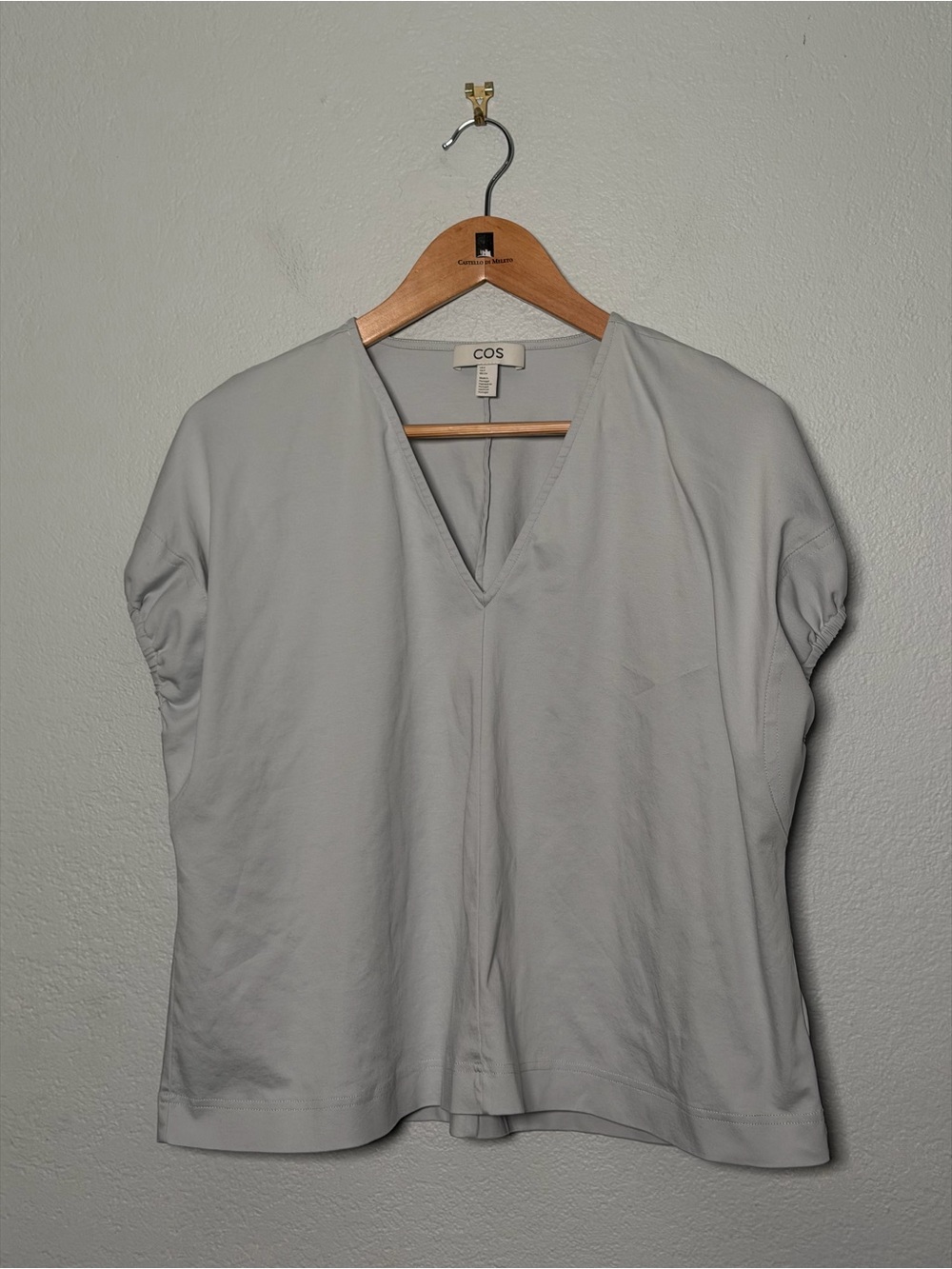 COS Light Blue Gray V-Neck Boxy Women's CottonTop with gathered sleeves
